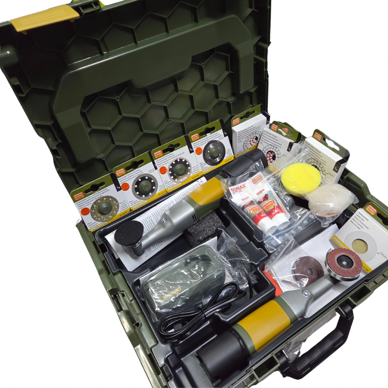 Proxxon set aku alata i pribora za keramičare, brusilica LHW + polirka WPE 2x aku