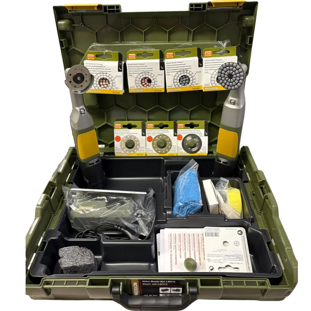Proxxon set aku alata i pribora za keramičare, brusilica LHW + polirka WPE 2x aku